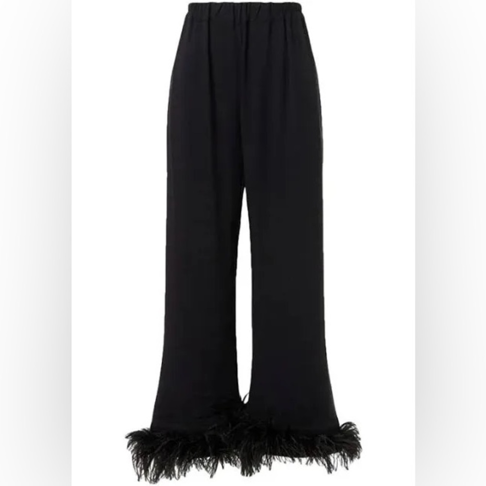 Sleeper Black Wide Leg Pants with Feather Trim